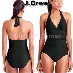 J.Crew Black Tie Back Ruched Halter One-Piece Swimsuit Size 0 Removable Padding